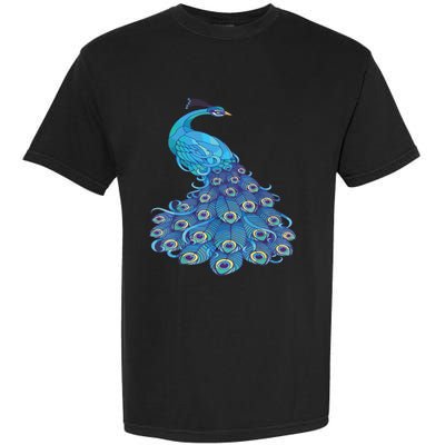 Blue Peacock Print Teal Feathers Bird Lover Garment-Dyed Heavyweight T-Shirt