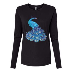 Blue Peacock Print Teal Feathers Bird Lover Womens Cotton Relaxed Long Sleeve T-Shirt