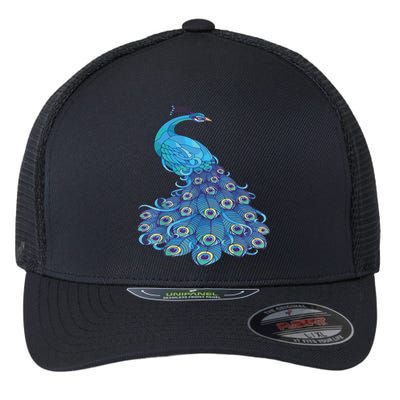 Blue Peacock Print Teal Feathers Bird Lover Flexfit Unipanel Trucker Cap