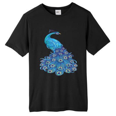 Blue Peacock Print Teal Feathers Bird Lover Tall Fusion ChromaSoft Performance T-Shirt