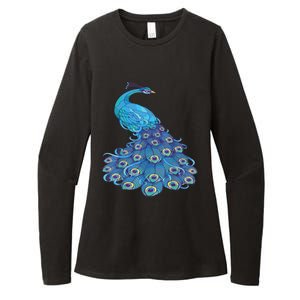 Blue Peacock Print Teal Feathers Bird Lover Womens CVC Long Sleeve Shirt