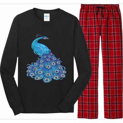 Blue Peacock Print Teal Feathers Bird Lover Long Sleeve Pajama Set