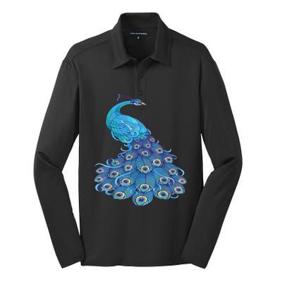 Blue Peacock Print Teal Feathers Bird Lover Silk Touch Performance Long Sleeve Polo