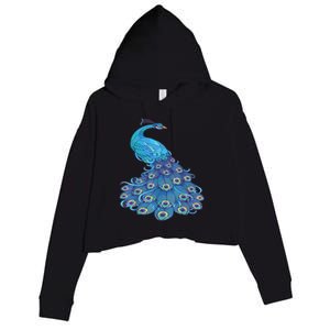 Blue Peacock Print Teal Feathers Bird Lover Crop Fleece Hoodie