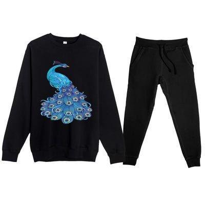 Blue Peacock Print Teal Feathers Bird Lover Premium Crewneck Sweatsuit Set