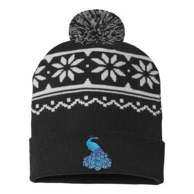 Blue Peacock Print Teal Feathers Bird Lover USA-Made Snowflake Beanie