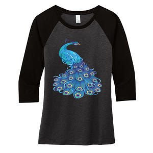 Blue Peacock Print Teal Feathers Bird Lover Women's Tri-Blend 3/4-Sleeve Raglan Shirt