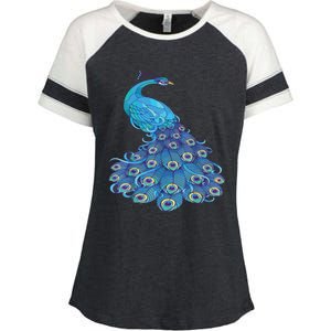 Blue Peacock Print Teal Feathers Bird Lover Enza Ladies Jersey Colorblock Tee