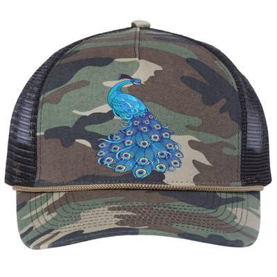 Blue Peacock Print Teal Feathers Bird Lover Retro Rope Trucker Hat Cap