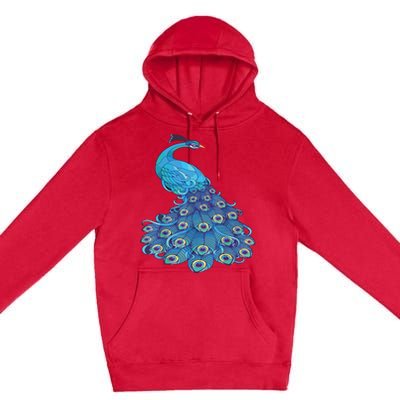 Blue Peacock Print Teal Feathers Bird Lover Premium Pullover Hoodie