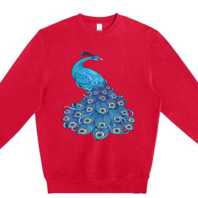 Blue Peacock Print Teal Feathers Bird Lover Premium Crewneck Sweatshirt