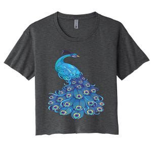 Blue Peacock Print Teal Feathers Bird Lover Women's Crop Top Tee