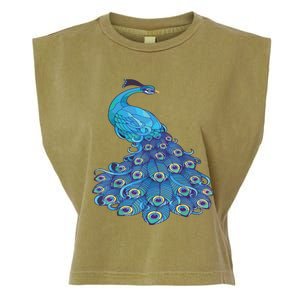 Blue Peacock Print Teal Feathers Bird Lover Garment-Dyed Women's Muscle Tee