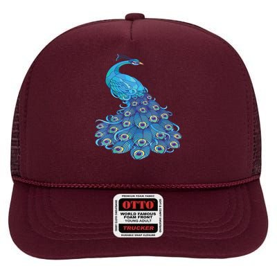 Blue Peacock Print Teal Feathers Bird Lover High Crown Mesh Back Trucker Hat