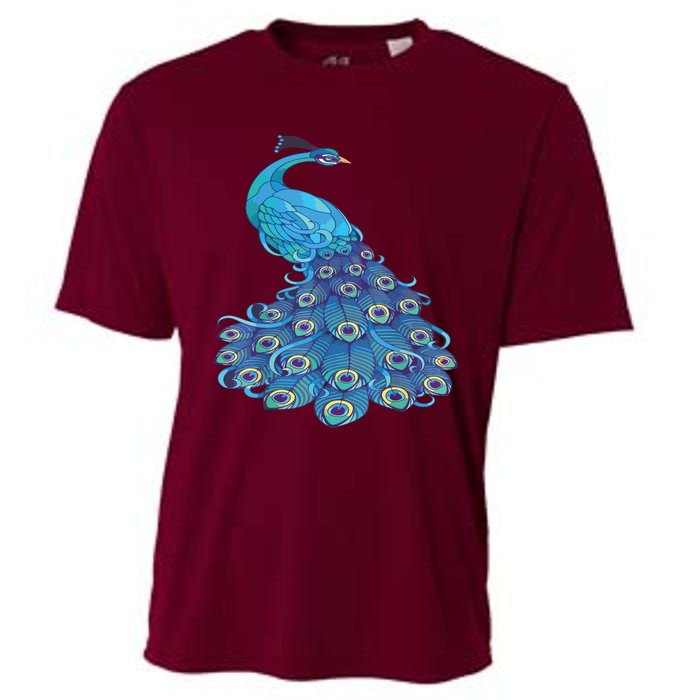 Blue Peacock Print Teal Feathers Bird Lover Cooling Performance Crew T-Shirt