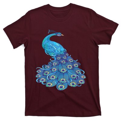 Blue Peacock Print Teal Feathers Bird Lover T-Shirt