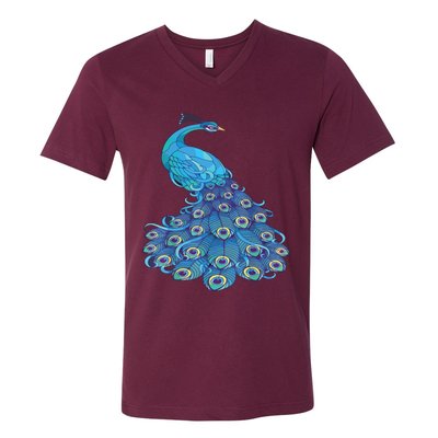 Blue Peacock Print Teal Feathers Bird Lover V-Neck T-Shirt