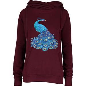 Blue Peacock Print Teal Feathers Bird Lover Womens Funnel Neck Pullover Hood