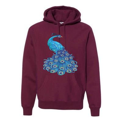 Blue Peacock Print Teal Feathers Bird Lover Premium Hoodie