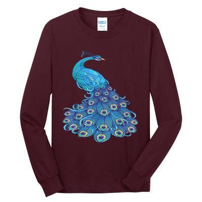 Blue Peacock Print Teal Feathers Bird Lover Tall Long Sleeve T-Shirt