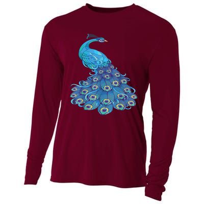 Blue Peacock Print Teal Feathers Bird Lover Cooling Performance Long Sleeve Crew