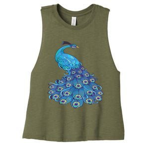 Blue Peacock Print Teal Feathers Bird Lover Women's Racerback Cropped Tank