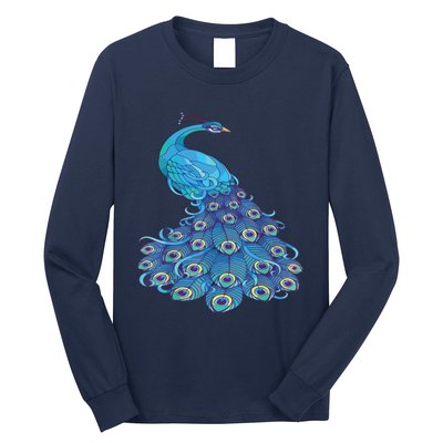 Blue Peacock Print Teal Feathers Bird Lover Long Sleeve Shirt