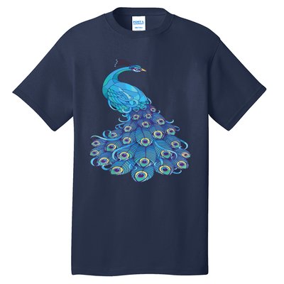 Blue Peacock Print Teal Feathers Bird Lover Tall T-Shirt