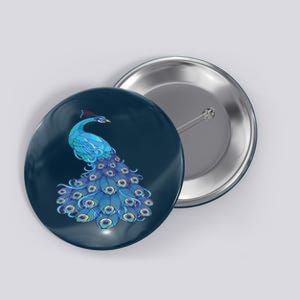 Blue Peacock Print Teal Feathers Bird Lover Button