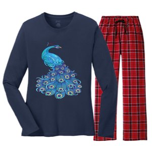 Blue Peacock Print Teal Feathers Bird Lover Women's Long Sleeve Flannel Pajama Set 