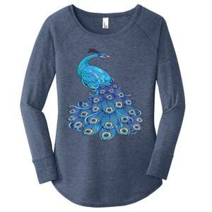 Blue Peacock Print Teal Feathers Bird Lover Women's Perfect Tri Tunic Long Sleeve Shirt