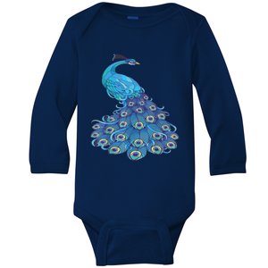 Blue Peacock Print Teal Feathers Bird Lover Baby Long Sleeve Bodysuit