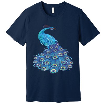 Blue Peacock Print Teal Feathers Bird Lover Premium T-Shirt