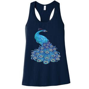 Blue Peacock Print Teal Feathers Bird Lover Women's Racerback Tank