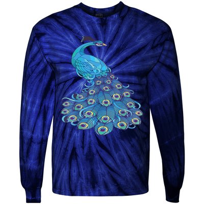 Blue Peacock Print Teal Feathers Bird Lover Tie-Dye Long Sleeve Shirt