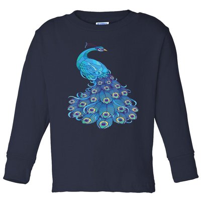 Blue Peacock Print Teal Feathers Bird Lover Toddler Long Sleeve Shirt