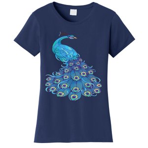 Blue Peacock Print Teal Feathers Bird Lover Women's T-Shirt