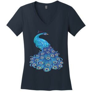 Blue Peacock Print Teal Feathers Bird Lover Women's V-Neck T-Shirt