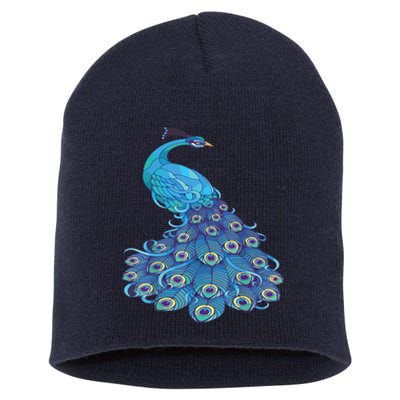 Blue Peacock Print Teal Feathers Bird Lover Short Acrylic Beanie