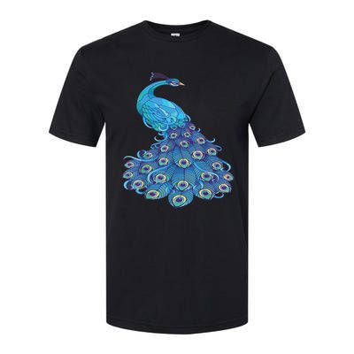 Blue Peacock Print Teal Feathers Bird Lover Softstyle CVC T-Shirt