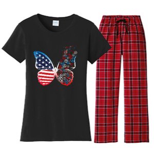 Butterfly Patriotic Peace Signs 4th Of July US Flag Women's Flannel Pajama Set