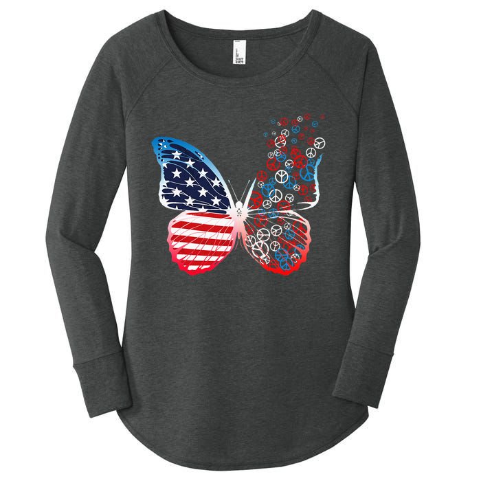 Butterfly Patriotic Peace Signs 4th Of July US Flag Women's Perfect Tri Tunic Long Sleeve Shirt