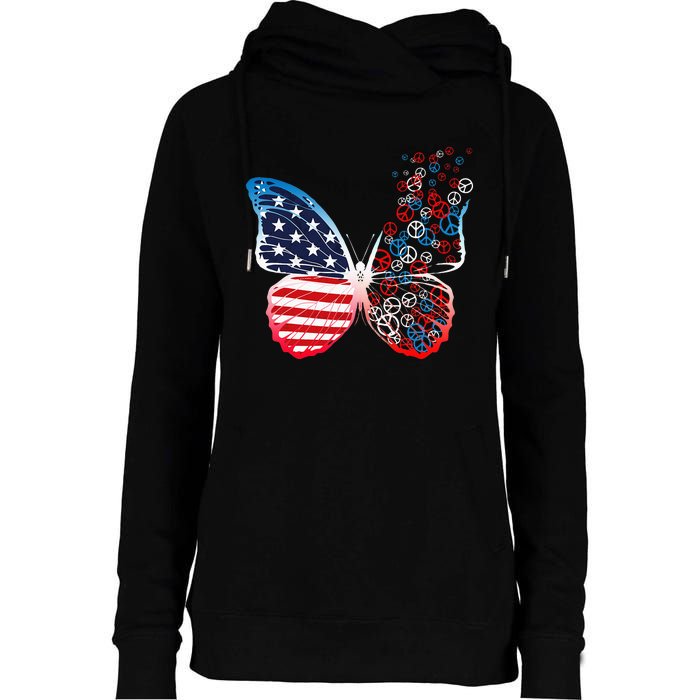 Butterfly Patriotic Peace Signs 4th Of July US Flag Womens Funnel Neck Pullover Hood