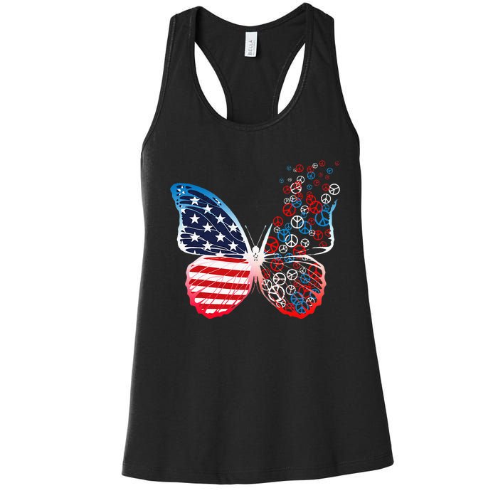 Butterfly Patriotic Peace Signs 4th Of July US Flag Women's Racerback Tank