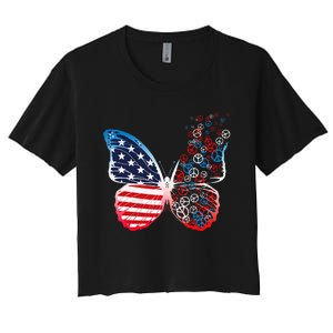 Butterfly Patriotic Peace Signs 4th Of July US Flag Women's Crop Top Tee