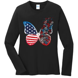 Butterfly Patriotic Peace Signs 4th Of July US Flag Ladies Long Sleeve Shirt