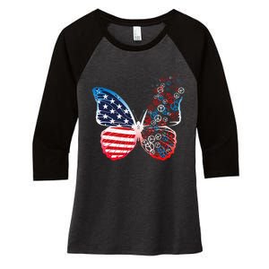 Butterfly Patriotic Peace Signs 4th Of July US Flag Women's Tri-Blend 3/4-Sleeve Raglan Shirt