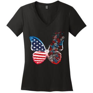 Butterfly Patriotic Peace Signs 4th Of July US Flag Women's V-Neck T-Shirt