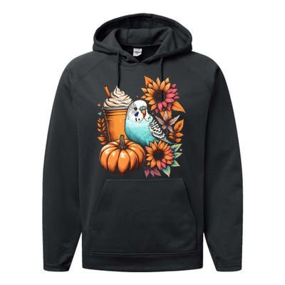 Budgie Parakeet Pumpkin Spice Latte Lovers Budgerigar Autumn Performance Fleece Hoodie