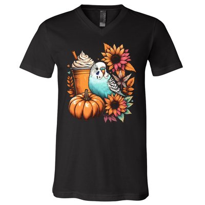 Budgie Parakeet Pumpkin Spice Latte Lovers Budgerigar Autumn V-Neck T-Shirt